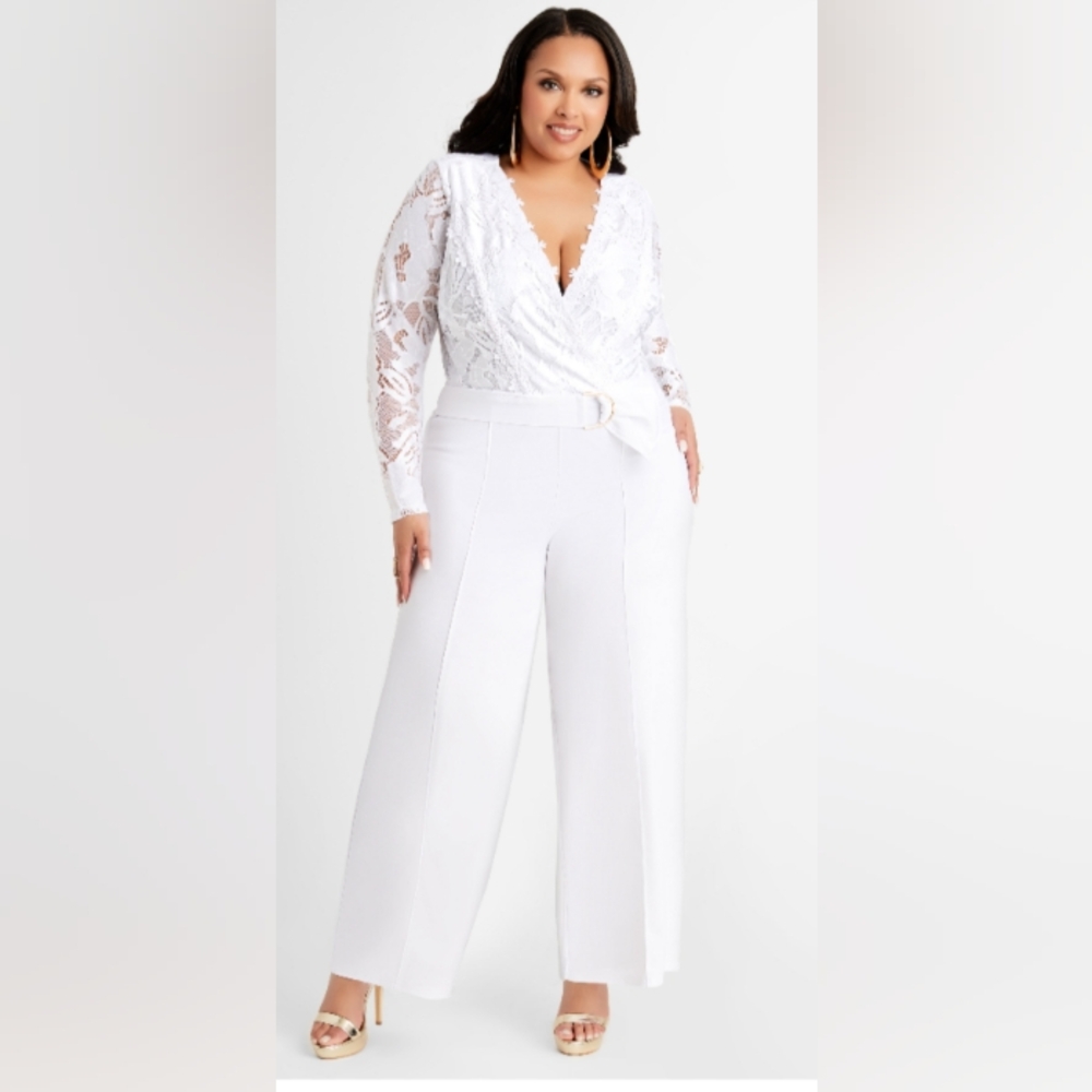 Ashley Stewart White Lace Belted Jumpsuit Scuba Pant Size 20